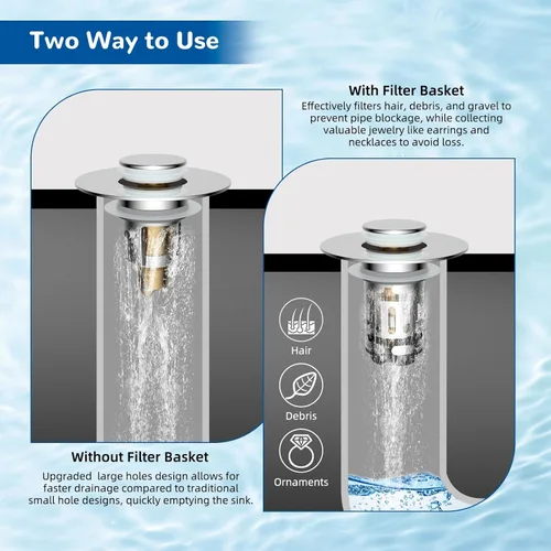 Miniatura 4 de Hibbent Colador de drenaje de lavabo de baño 3 en 1 mejorado, tapón universal desplegable con cesta de filtro de acero inoxidable extraíble atrapa