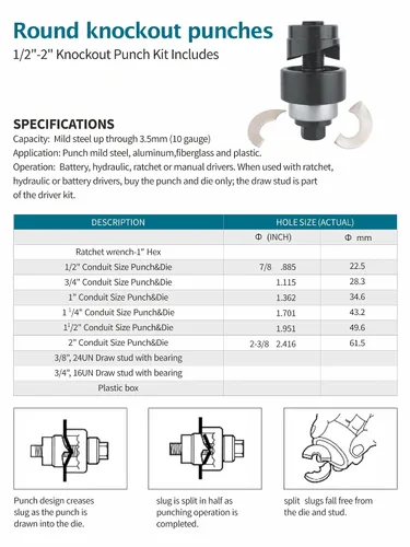 Miniatura 4 de Kit Manual de Perforador de Orificios Knockout de 1/2 a 2 pulgadas, Juego de Cortador de Orificios para Conducto Eléctrico - Kit de Herramientas