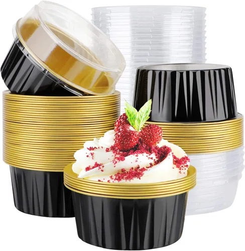 EUSOAR Moldes de Papel de Aluminio para Hornear, 5oz 50 piezas Moldes Reutilizables para Cupcakes con Tapas, 3.34x2.59x2.35 pulgadas 125ml Moldes