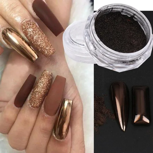 Miniatura 3 de Polvo mágico de uñas cromado, efecto espejo metálico holográfico, plateado, cobre, negro, marrón, manicura, pigmento con purpurina para diseño