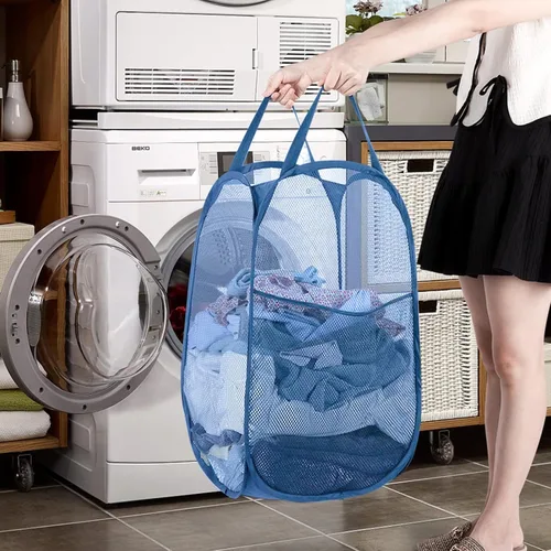 Miniatura 2 de Aplter Cesta de malla desplegable para ropa sucia para crucero, cesta plegable para ropa sucia con asas, bolsillo lateral, color azul ceniza