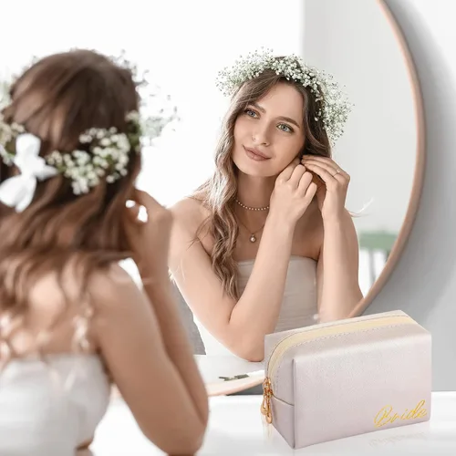 Miniatura 4 de Hillban 6 piezas de cuero sintético para novia, bolsa de maquillaje para cosméticos, dama de honor, impermeable, bolsa de viaje, bolsa de regalo