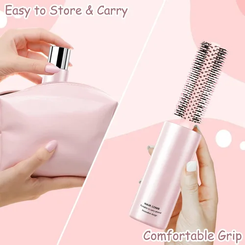 Miniatura 6 de Cepillo redondo de viaje para secado, peinado, rizado y alisado, para cabello grueso, fino y rizado (uso húmedo y seco), color rosa