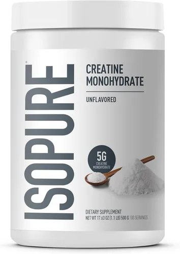 Isopure 100% Pura Creatina Monohidrato en Polvo, Sin Azúcar, Sin Sabor, 5g de Creatina Monohidrato Por Porción, 1.1 Libras, 100 Porciones (El