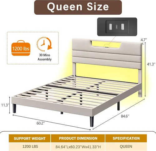 Miniatura 2 de OURPIC - Marcos de cama tamaño Queen con cabecero tapizado, cama moderna con plataforma y estación de carga y luces LED, marco de cama con listones