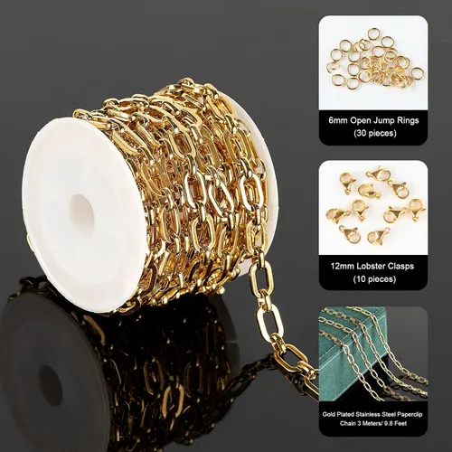 Miniatura 2 de UMAOKANG Cadenas de collar chapadas en oro para hacer joyas, cadena de clip de acero inoxidable 304 a granel con cierres de langosta y anillos Rolo