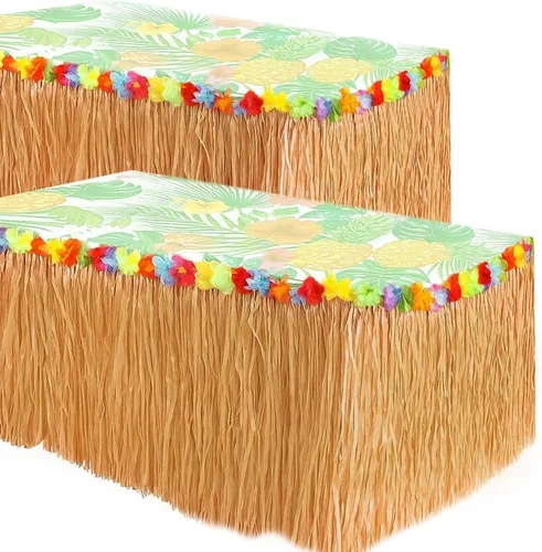 GiftExpress 2 paquetes, 9 pies x 29.5 pulgadas, falda de mesa de hierba de color heno natural con flores de hibisco para fiesta hawaiana Luau,