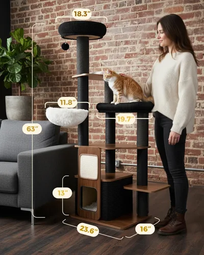 Miniatura 6 de Torre moderna de árbol para gatos de interior de 63 pulgadas, árboles resistentes para gatos grandes, torre de árbol para gatos adultos Maine Coon