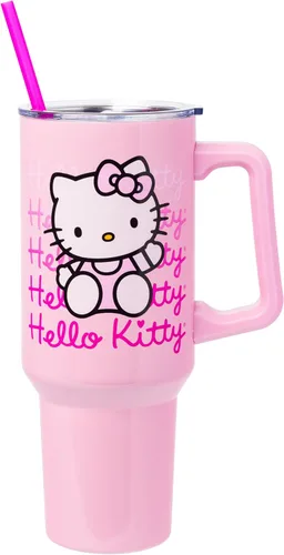 Miniatura 44 de Silver Buffalo - Vaso de acero inoxidable Sanrio Hello Kitty con flores de primavera y verano y rayas arcoíris, con asa y popote, compatible