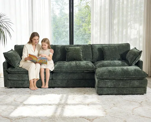 Miniatura 3 de Sofá modular modular de felpilla de asiento profundo, sofá en forma de L con almohadas y otomana móvil, cómodos sofás seccionales de nube de 3 Verde