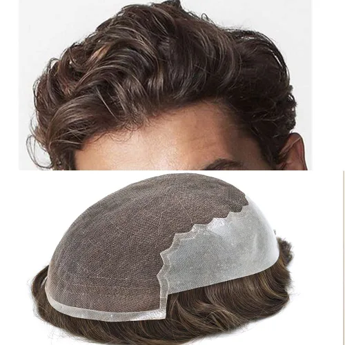 Miniatura 32 de Toupee para hombres pieza de pelo suave suizo encaje real sistema de cabello humano reemplazo blanqueado nudo mens tupé sistema de pelo para hombres