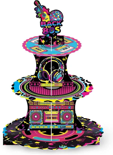 Soporte retro para cupcakes de los años 80, 3 niveles de vuelta a los años 80 para fiesta de discoteca de cartón, bandeja redonda para postres y