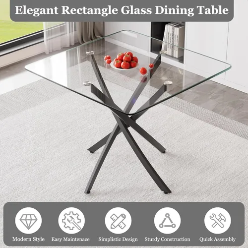 Miniatura 4 de Juego de comedor de 3 piezas con superficie de vidrio transparente, juego de comedor cuadrado minimalista moderno de 36'', juego de mesa de cocina