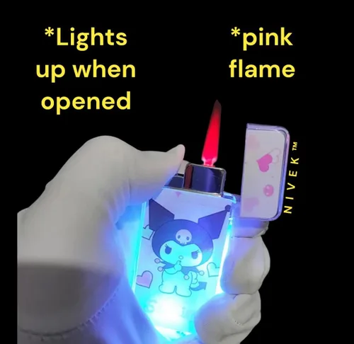 Miniatura 2 de NIVEK Encendedor que brilla en la oscuridad Kitty KT Cat Melody Kuroomi personaje japonés Kawaii Pink Flame Jet Torch recargable (Kulomi)