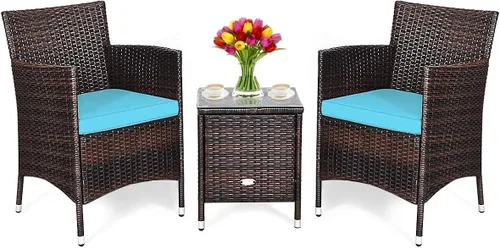 Miniatura 12 de HAPPYGRILL Juego de muebles de mimbre de mimbre para patio de 3 piezas, juego de conversación de ratán al aire libre con mesa auxiliar, sillas
