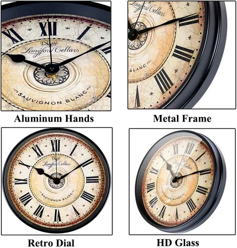 Miniatura 5 de Justup Reloj de pared de metal negro de 12 pulgadas, estilo europeo, retro, vintage, sin tictac, silencioso, funciona con pilas, con vidrio HD
