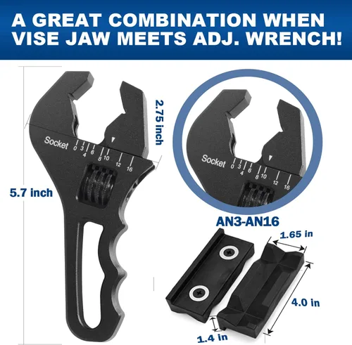 Miniatura 2 de Llave de accesorios AN 3AN-16AN Llave AN ajustable de aluminio ligero, tamaño compacto, negro (con almohadillas de mordaza de nylon de 4")