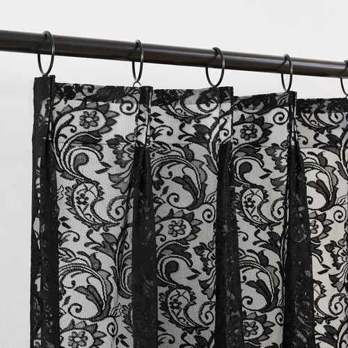 Bujasso Black Lace Pinch Pleat Curtains 63 inch,Gothic Vintage Floral Sheer Drapes with Hooks & Rings, Baroque Damask Scalloped Edge Light Filtering
