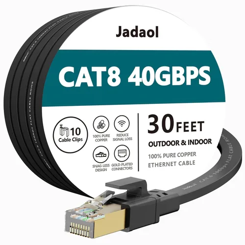 Jadaol Cable Ethernet Cat 8 de 30 pies, cable de conexión de red LAN Cat8 plano, 40 Gbps 2000 MHz RJ45 S/FTP, cable de red Cat8 de alta velocidad