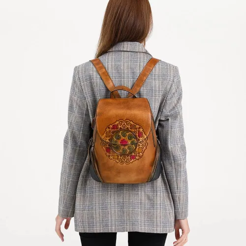 Miniatura 7 de Mochila de cuero para mujer, organizador retro de bronceado vegetal, bolso de cuero vintage en relieve tótem, naranja marrón, Bolso de hombro tótem