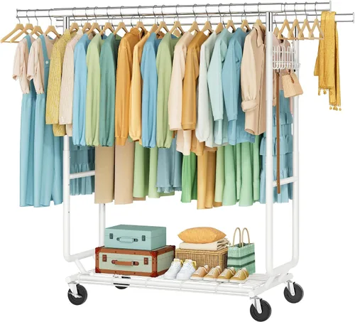 Miniatura 10 de Hoctieon Perchero de doble varilla de montaje en 2 minutos, estante resistente para ropa con ruedas, plegable para uso comercial, barra extensible