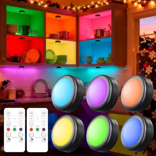 Yiliaw - Paquete de 6 luces LED de disco con control remoto, 16 colores cambiables, iluminación LED debajo del gabinete, luces operadas por Negro