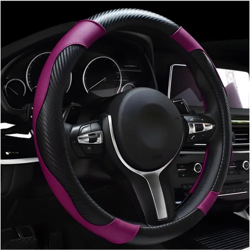 Miniatura 25 de DXNQ Funda para volante de automóvil, 15 pulgadas de fibra de carbono con costuras de piel, protector de volante de color, antideslizante, elástica