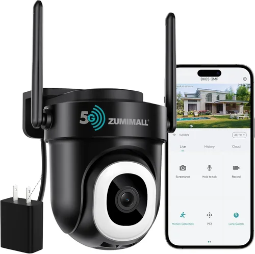 ZUMIMALL Cámara de Seguridad Inalámbrica para Exteriores 3MP HD Negra, WiFi 2.4G/5G, Grabación 24/7 con Alimentación por Cable | Seguimiento