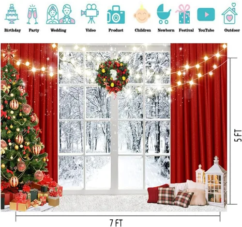 Miniatura 3 de Telón de fondo navideño de 7 x 5 pies, telón de fondo de ventana navideña para fotografía, escena de nieve de invierno, decoración de fiesta