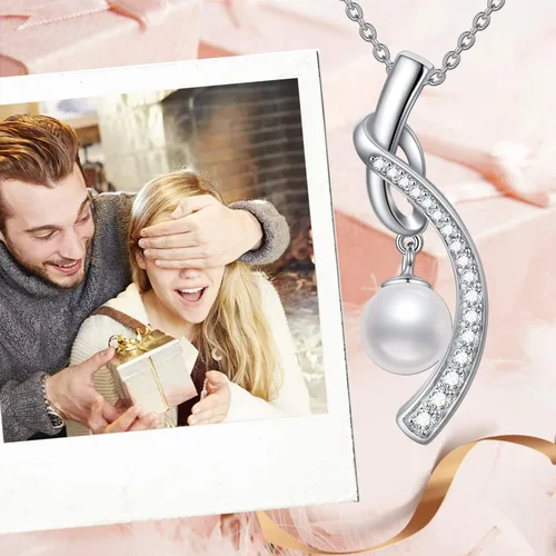 Miniatura 5 de Zoeniya Half Infinity - Collar con colgante de perlas cultivadas de agua dulce blanca auténtica de plata de ley s925 y circonita cúbica, diseño