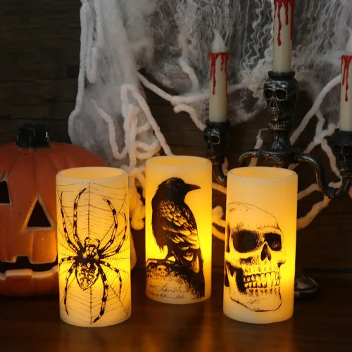 Miniatura 3 de Eldnacele Velas LED sin llama parpadeantes de Halloween, funcionan con pilas, con temporizador de 6H, calcomanías de calavera, telaraña, cuervo