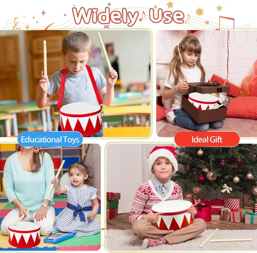 Miniatura 5 de Juego de batería para niños, juego de batería de juguete de madera de 8 pulgadas, juguetes musicales educativos para bebés con correa ajustable, 2