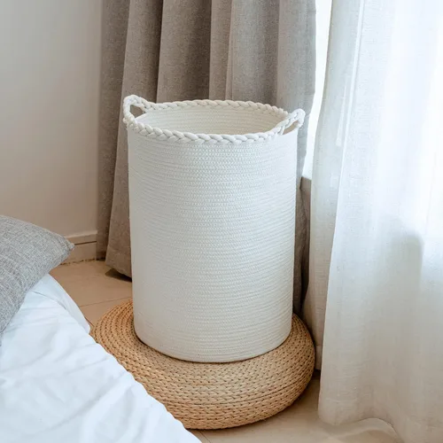 Miniatura 9 de Canasta de lavandería tejida de algodón de 58 litros, cesta alta para ropa, mantas, almohadas, juguetes, zapatos, gran cesta de lavandería