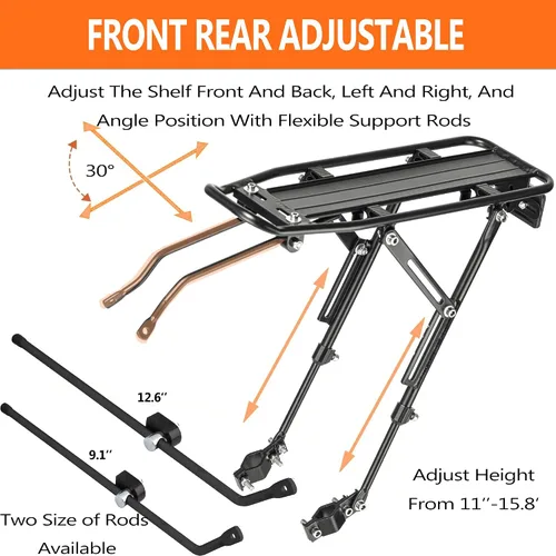 Miniatura 3 de Portaequipajes trasero para bicicleta con reflectante de gran tamaño, Portaequipajes para bicicleta con soportes de montaje extra largos