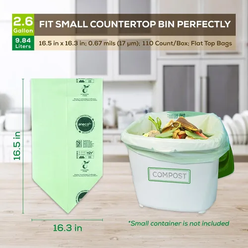 Miniatura 7 de (Incluye 10 bolsas adicionales) ANECO - Bolsas de basura 100% compostables de 2.6 galones, bolsas de compost pequeñas de cocina extra gruesas