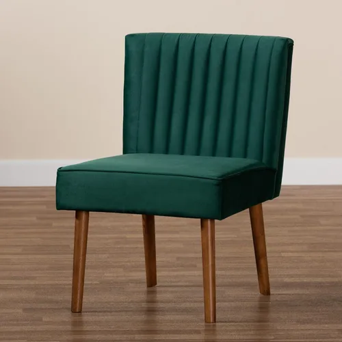 Miniatura 10 de Baxton Studio Alvis Mid-Century - Silla de comedor de madera tapizada en terciopelo verde esmeralda y acabado marrón nogal