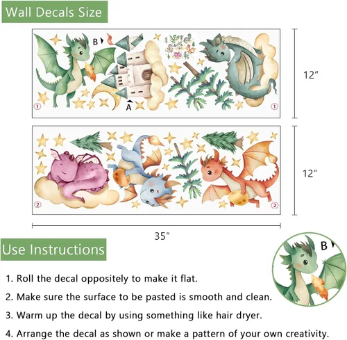 Miniatura 2 de Yovkky Adhesivos de pared de dragón bebé, calcomanías de castillo de acuarela, pino, nube, luna, estrellas, decoración neutra para vivero de niños