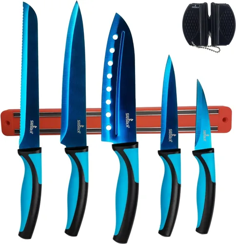 Miniatura 8 de SiliSlick Juego de cuchillos de cocina, cuchillas recubiertas de titanio arcoíris, 5 cuchillos aptos para lavavajillas con afilador y estante de All