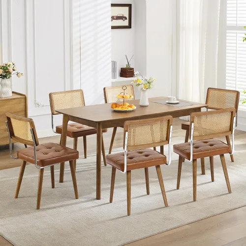 Miniatura 11 de GarveeHome Juego de 2 sillas de comedor de ratán natural, sillas de cocina tapizadas de lino con respaldo alto de caña y patas de madera fuertes