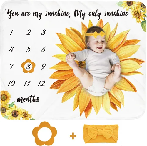 Tebaby Manta mensual de hito para bebé niña, manta de girasol para recién nacido, regalo personalizado para ducha, decoración floral de guardería,
