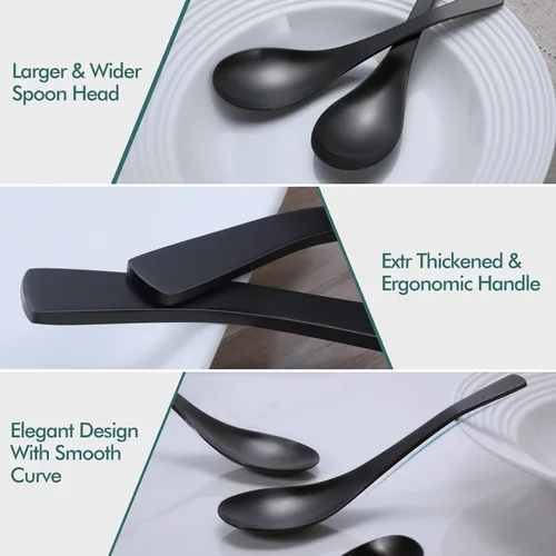 Miniatura 2 de HIWARE Cucharas de sopa gruesas de color negro mate, cucharas de sopa de acero inoxidable, cucharas de mesa, juego de 6