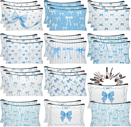 30 bolsas de maquillaje con lazo azul, bolsas de cosméticos con lazo coqueta para mujeres, bolsa de aseo de viaje, bolsa de aseo de coqueta,