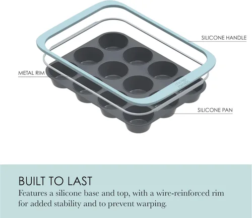 Miniatura 5 de Chicago Metallic Molde de silicona para magdalenas de 12 tazas, color azul, antiadherente con borde reforzado con alambre, apto para horno hasta 428