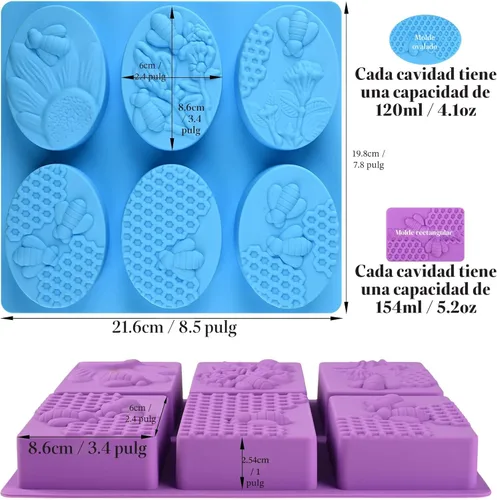 Miniatura 2 de Sakolla 2 paquetes de moldes de jabón de silicona para abejas de 6 cavidades, moldes de silicona de panal de abeja rectangulares y ovalados, moldes