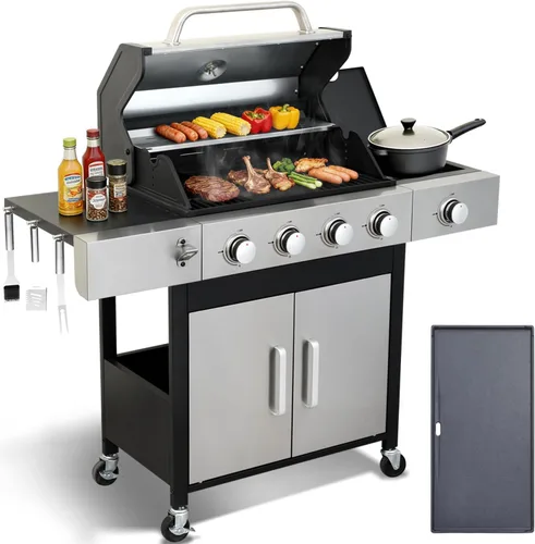 Parrilla de gas de propano con 4 quemadores | Parrilla de hierro fundido de 49,000 BTU, almacenamiento, quemador lateral, bandeja de goteo de aceite