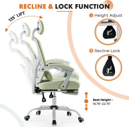 Miniatura 5 de Silla de oficina para computadora Sweetcrispy, sillas giratorias ergonómicas de malla con respaldo alto para trabajo con ruedas, soporte lumbar Verde