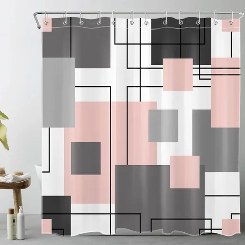 Miniatura 9 de LB Cortina de ducha geométrica a rayas grises y blancas, cortinas de ducha abstractas de mediados de siglo verde salvia para baño, 72 x 72 pulgadas