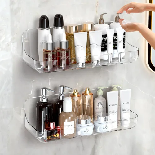 Paquete de 2 estantes de ducha de acrílico, estante de baño transparente adhesivo, organizador de ducha de plástico con cinta autoadhesiva, sin