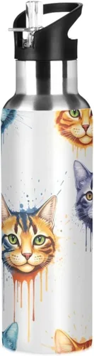 Insulated Water Bottle 20 Oz, Leakproof Water Bottles for Gym Outdoor Travel School, Colorful Cats Tie Dye
