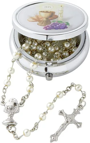 Juego de regalo religioso de la Primera Comunión, soporte de joyería en tono plateado y collar de cuentas de oración blanca, rosario de recuerdo
